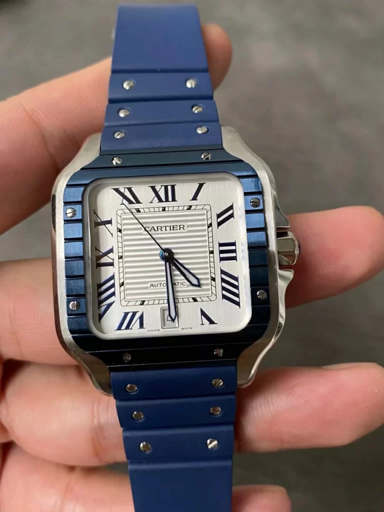 GF桑托斯Santos De Cartier 40mm White Dial Blue Bezel Rubber Strap