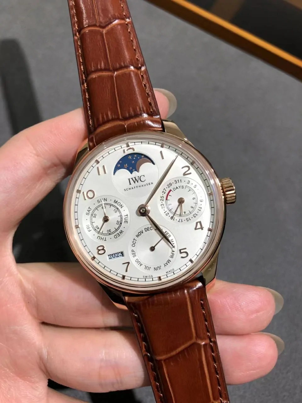 Portugieser Perpetual Calendar RG 5033 APSF 1:1 Best Edition White Dial on Brown Leather Strap A52610 Clone