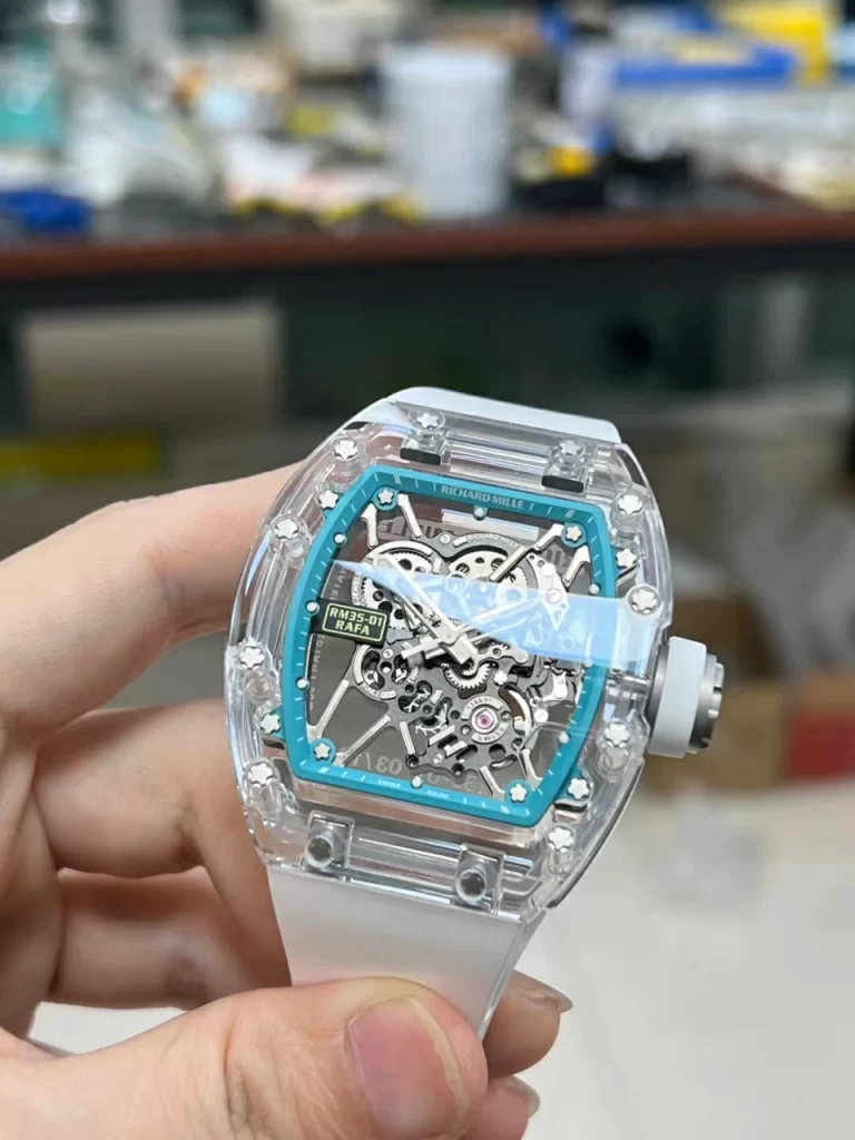 理查全透明RM035 Transparent SONIC Skeleton Blue Dial White Strap