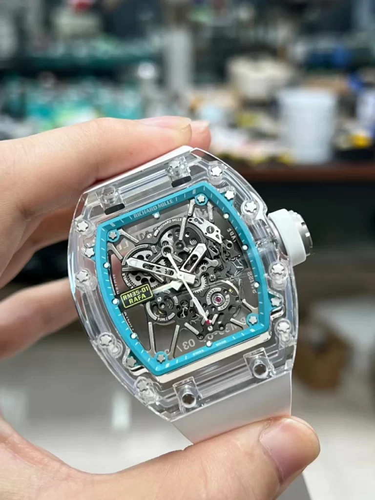 理查全透明RM035 Transparent SONIC Skeleton Blue Dial White Strap