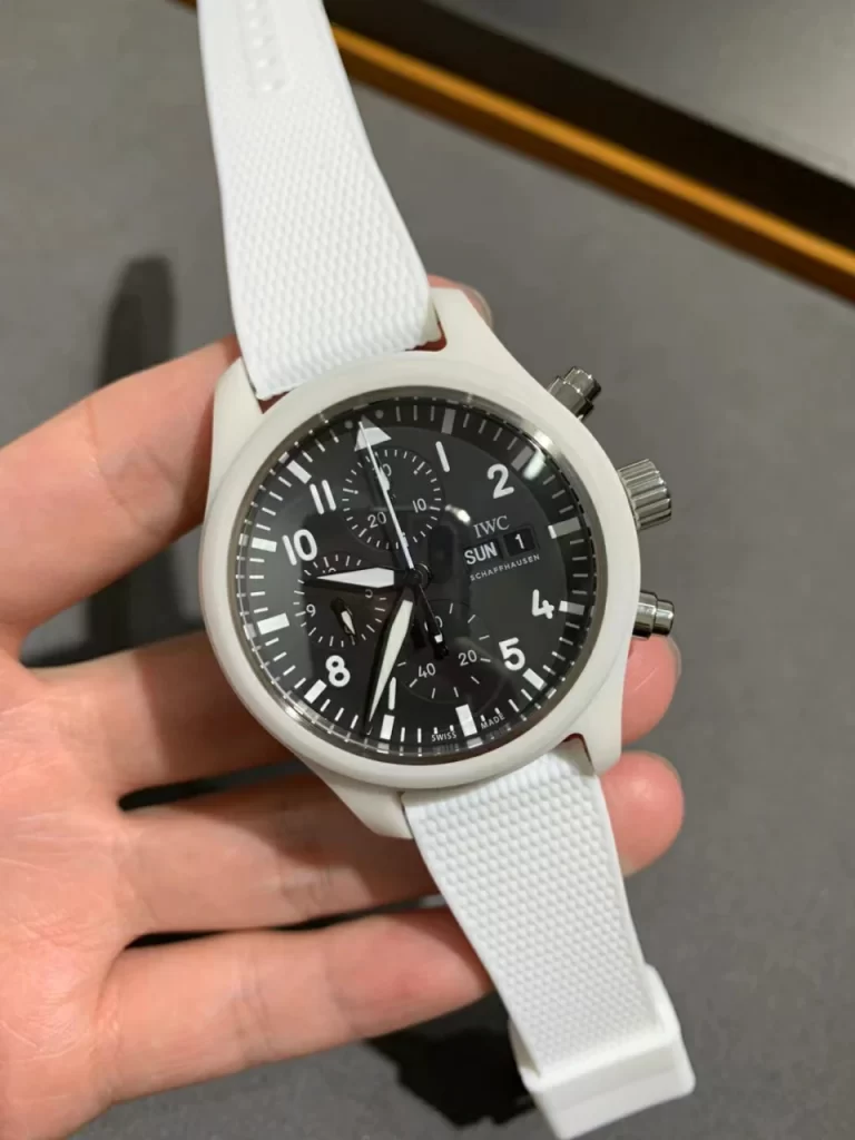 TPS飞行员计时白陶瓷Pilot Chrono Real White Ceramic Black Dial White Leather Strap