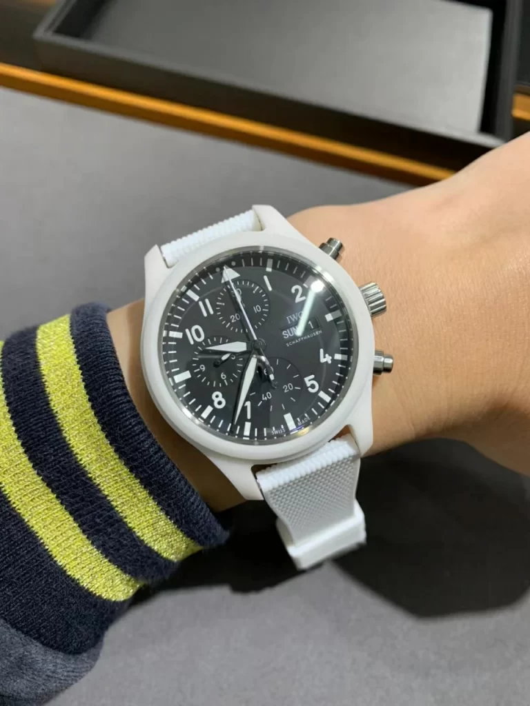 TPS飞行员计时白陶瓷Pilot Chrono Real White Ceramic Black Dial White Leather Strap