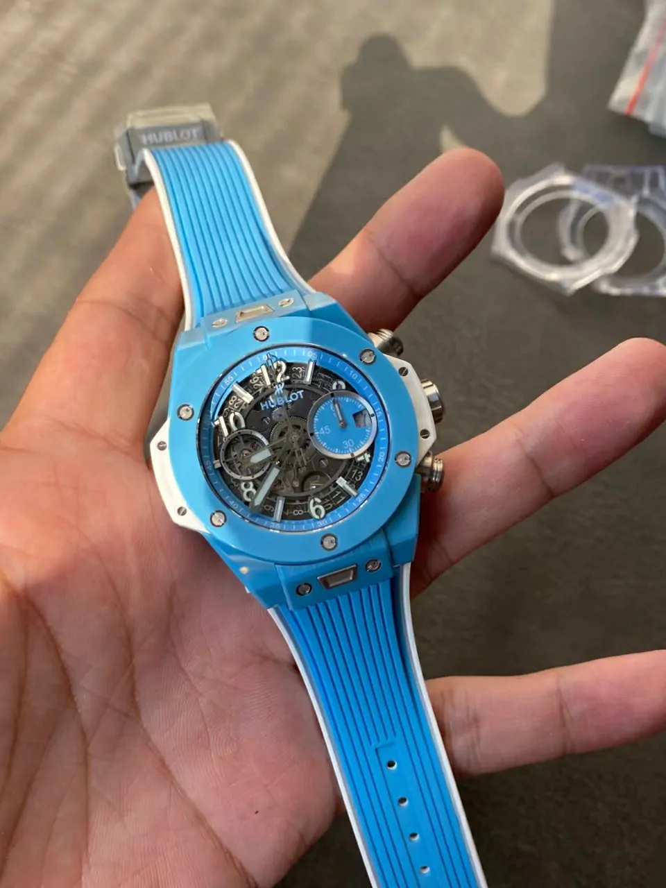 BBF蒂芙尼蓝陶瓷Hublot Big Bang Unico Tiffany Blue Ceramic Skeleton Dial Rubber Strap 42mm