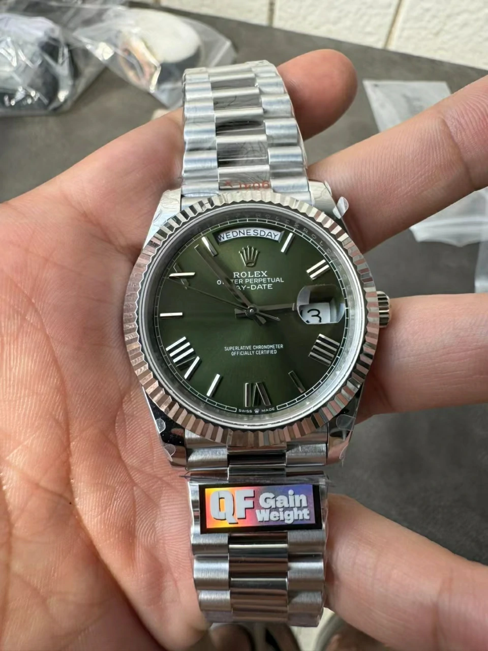 QF配重V5 Day Date 40mm SS 904L Steel Green Dial Bracelet A2836 Tungsten Heavy Version