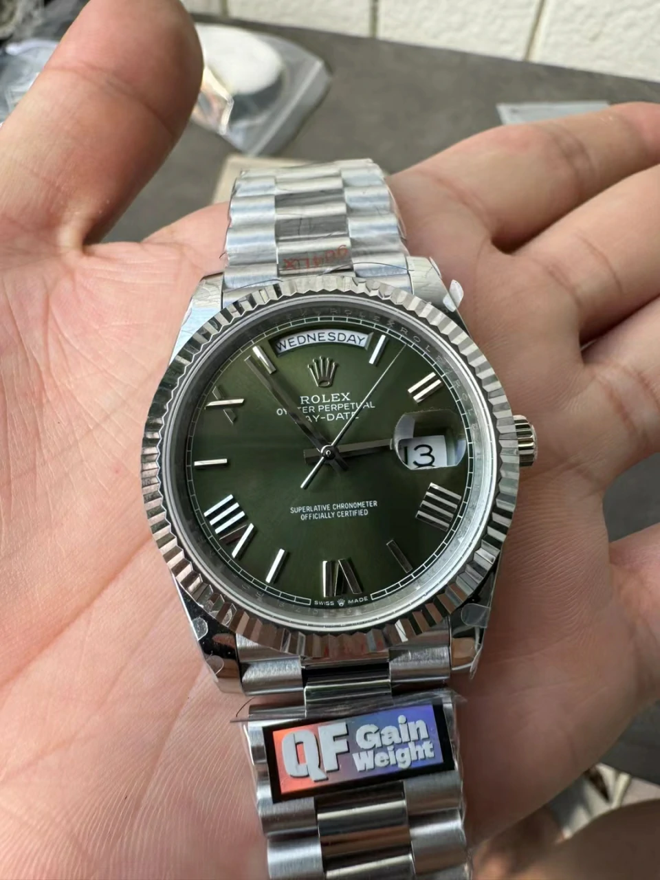 QF配重V5 Day Date 40mm SS 904L Steel Green Dial Bracelet A2836 Tungsten Heavy Version