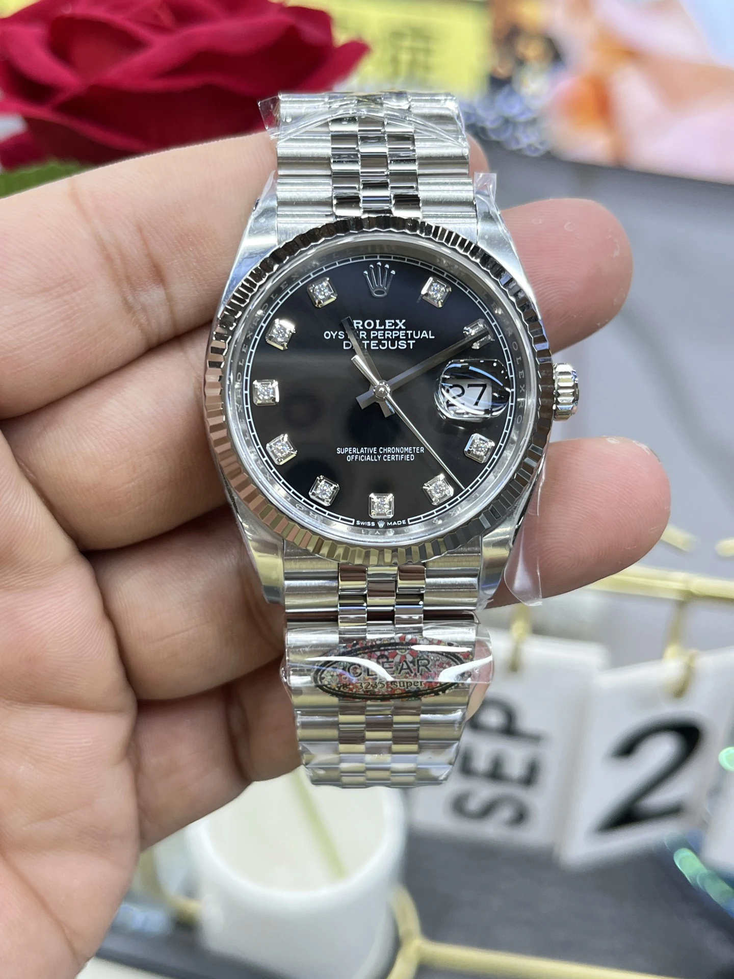 Clean日志黑DateJust 36mm 126234 Black Diamond Dial Jubilee SH3235