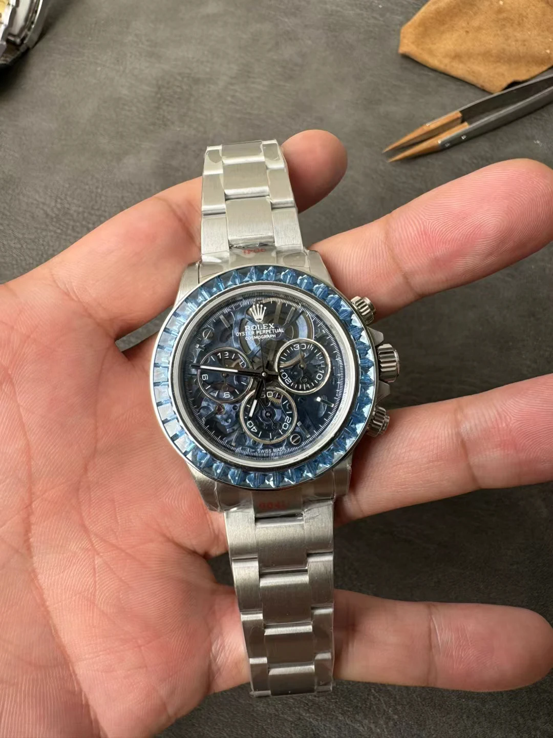 SONIC改装镂空Daytona Arolla Blue Crystal Skeleton Dial Diamonds Bezel SA4130