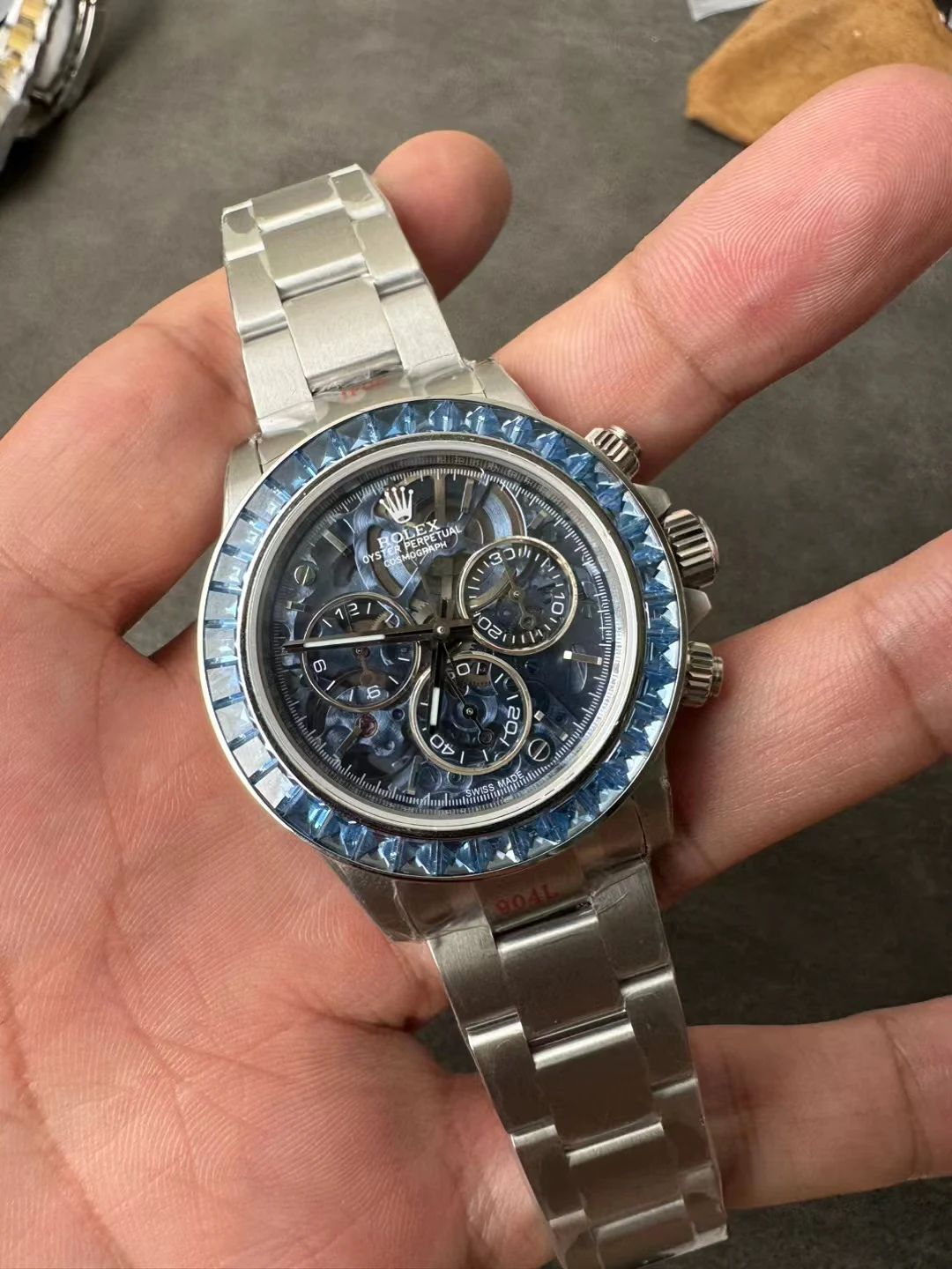 SONIC改装镂空Daytona Arolla Blue Crystal Skeleton Dial Diamonds Bezel SA4130