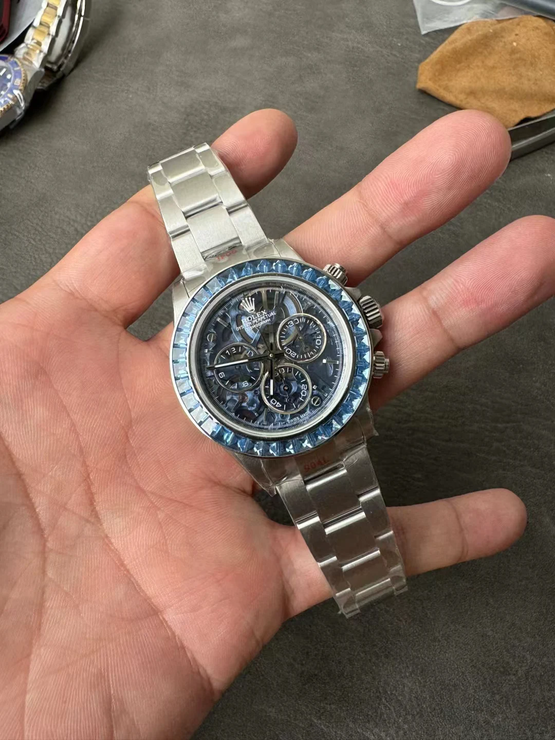 SONIC改装镂空Daytona Arolla Blue Crystal Skeleton Dial Diamonds Bezel SA4130