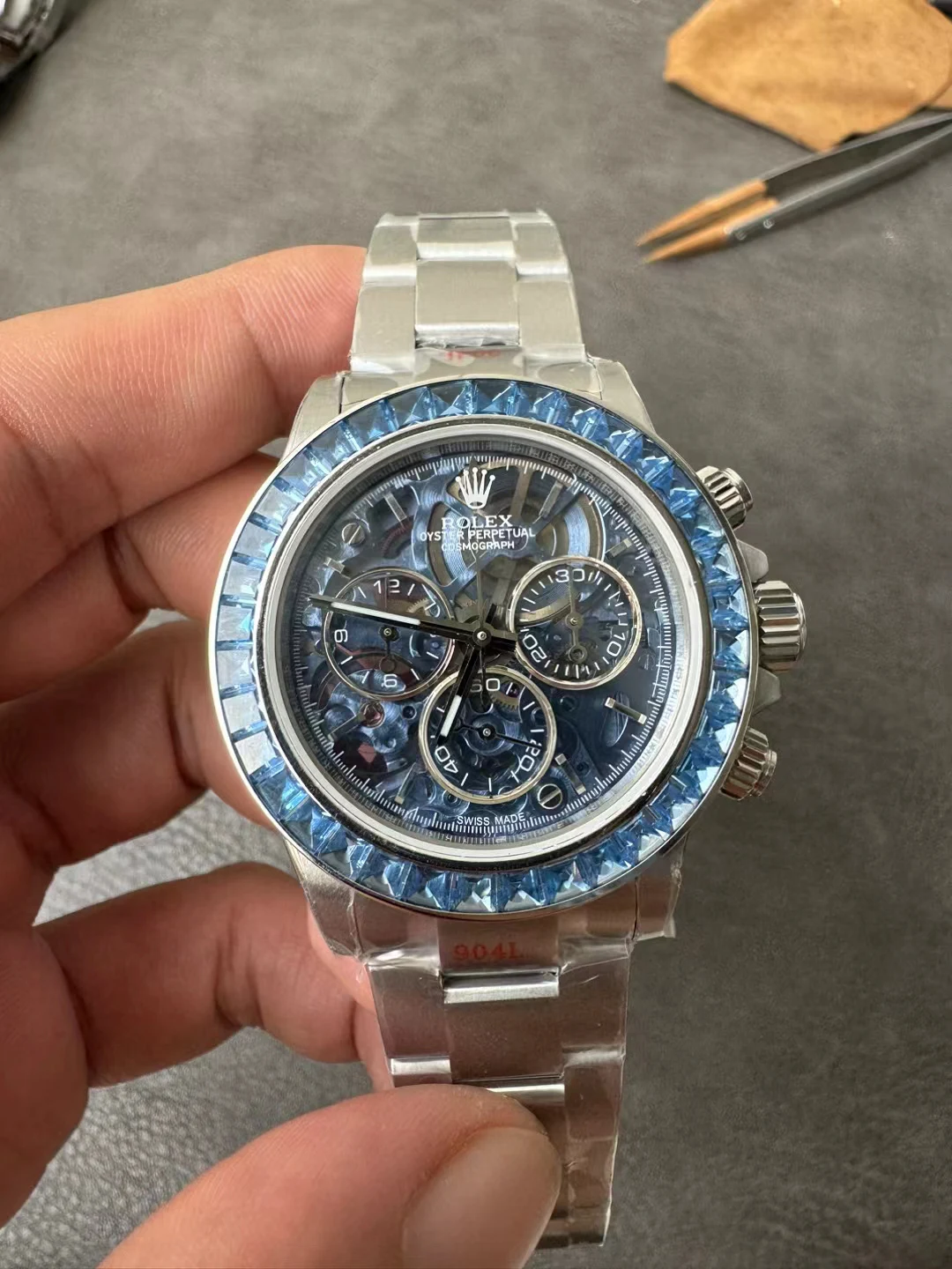 SONIC改装镂空Daytona Arolla Blue Crystal Skeleton Dial Diamonds Bezel SA4130