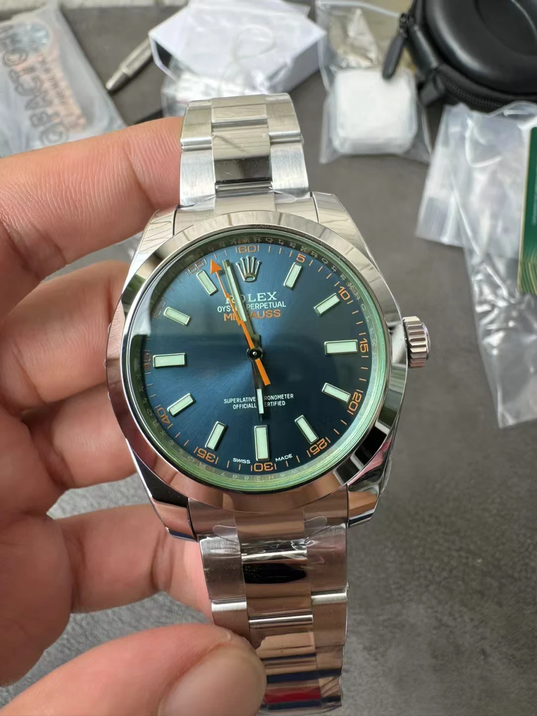 VSF闪电绿玻璃Milgauss 116400GV 904L Steel Blue Dial Bracelet VS3131