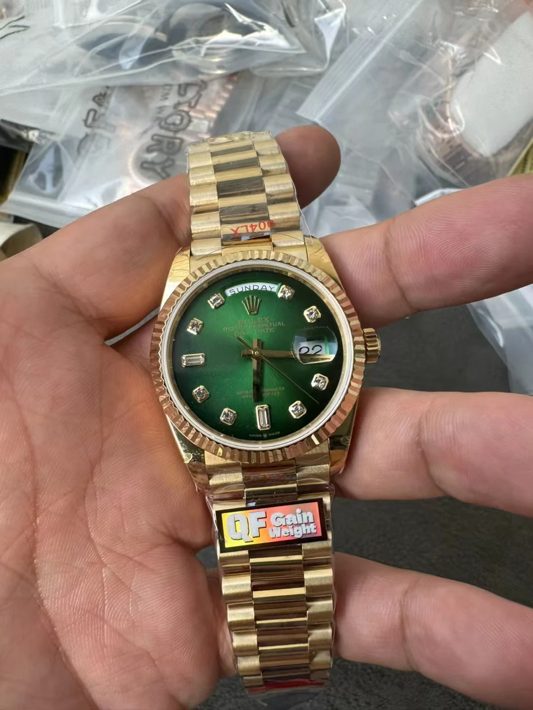 QF配重36mm Day Date 128238 Gain Weight YG  Green Dial Diamond Markers 158G