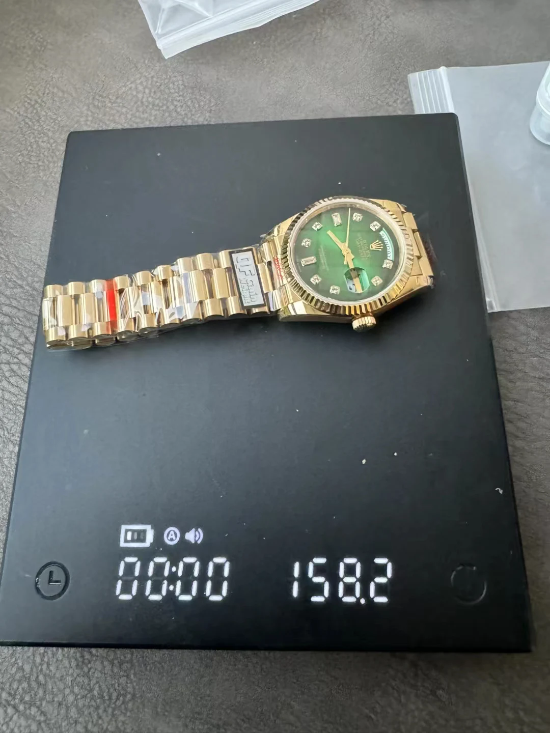 QF配重36mm Day Date 128238 Gain Weight YG  Green Dial Diamond Markers 158G