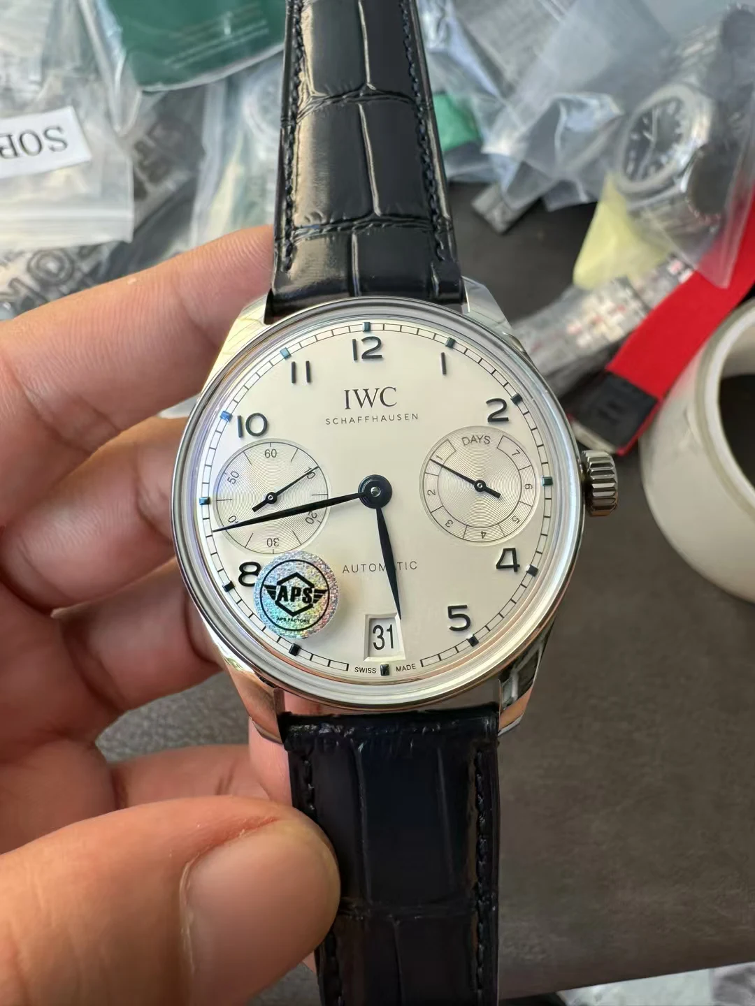 APSF葡萄牙7日链Portugieser Automatic 42mm SS  White Dial Blue Marker Leather Strap